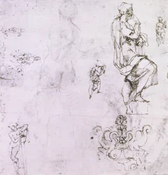 Schetsen van mannelijke naakten, een Madonna met Kind en een decoratief embleem